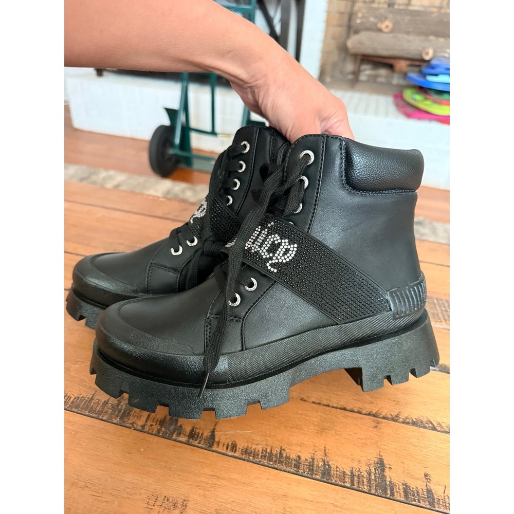 New JUICY COUTURE black rhinestone combat style boots women's 8‎